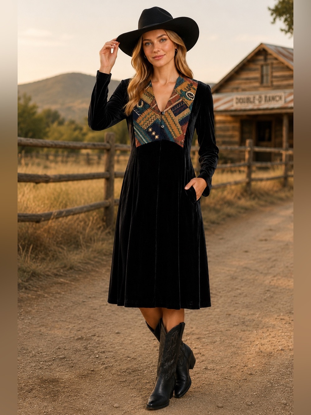 Double D Ranch Black Velvet Dress with Multicolor Patchwork western yellowstone